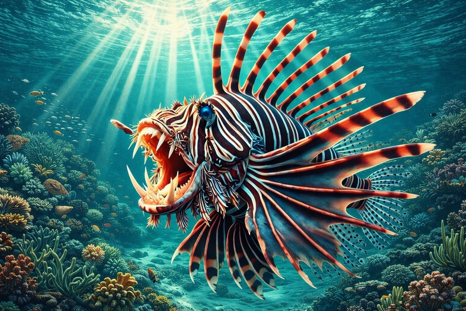 An invasive lionfish hovering above a coral reef